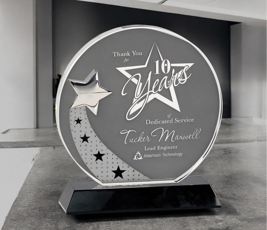 Round Crystal with Silver Star on Black Pedestal Base - Celebrate Prints