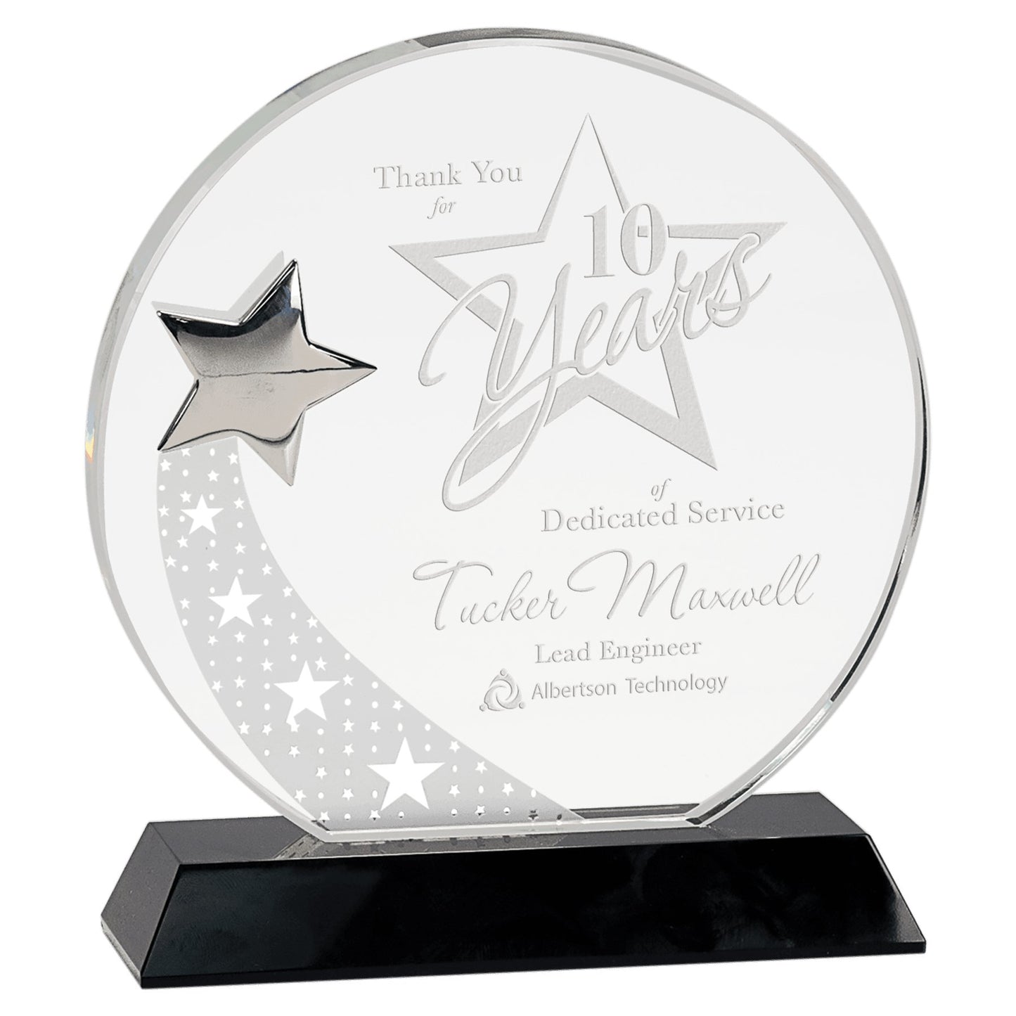 Round Crystal with Silver Star on Black Pedestal Base - Celebrate Prints