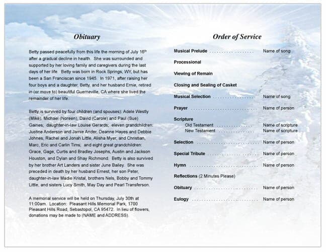 Snowcaps Funeral Program Template - The Funeral Program Site