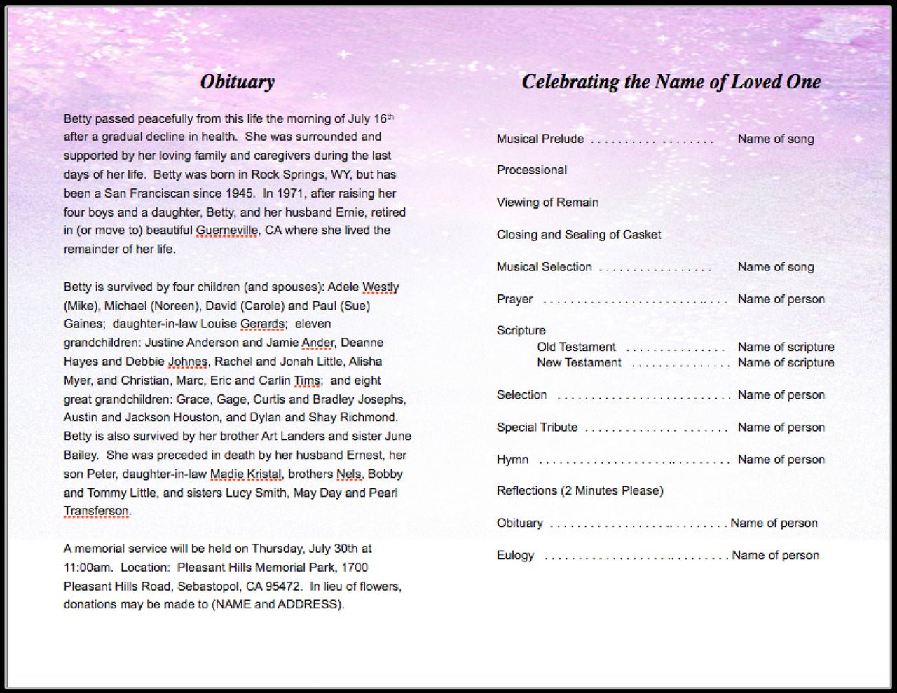 Sparkle Funeral Program Template - The Funeral Program Site