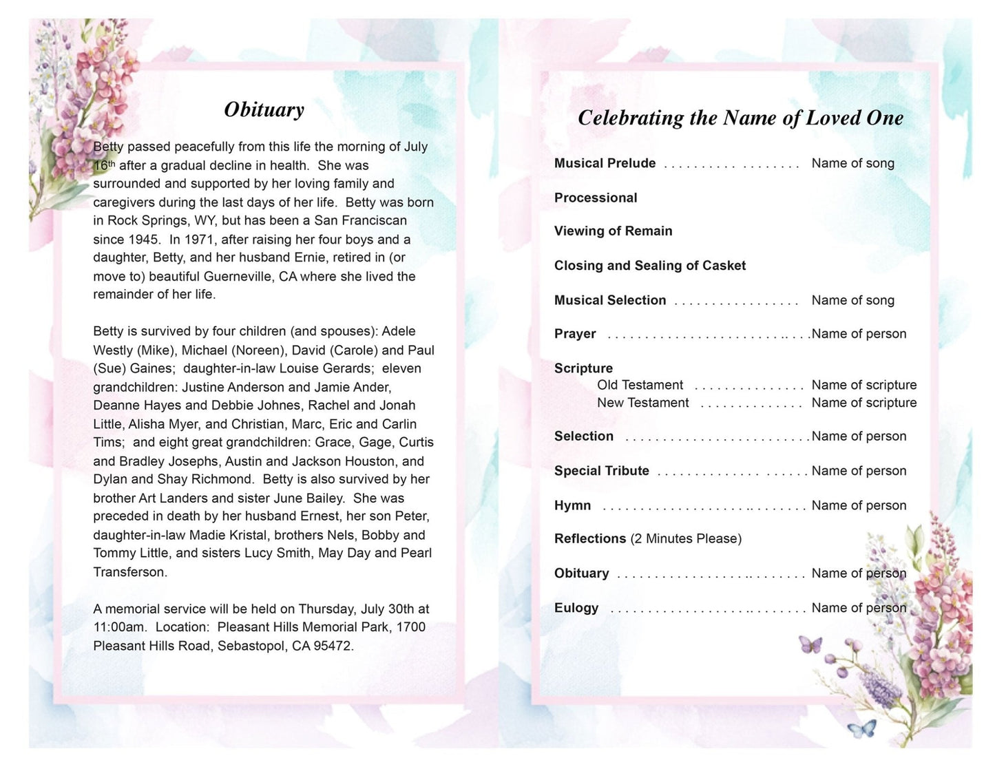 Spring Garden Funeral Program Template - The Funeral Program Site
