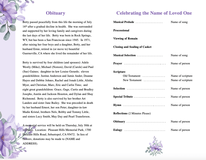 Springs Garden Funeral Program Template - The Funeral Program Site