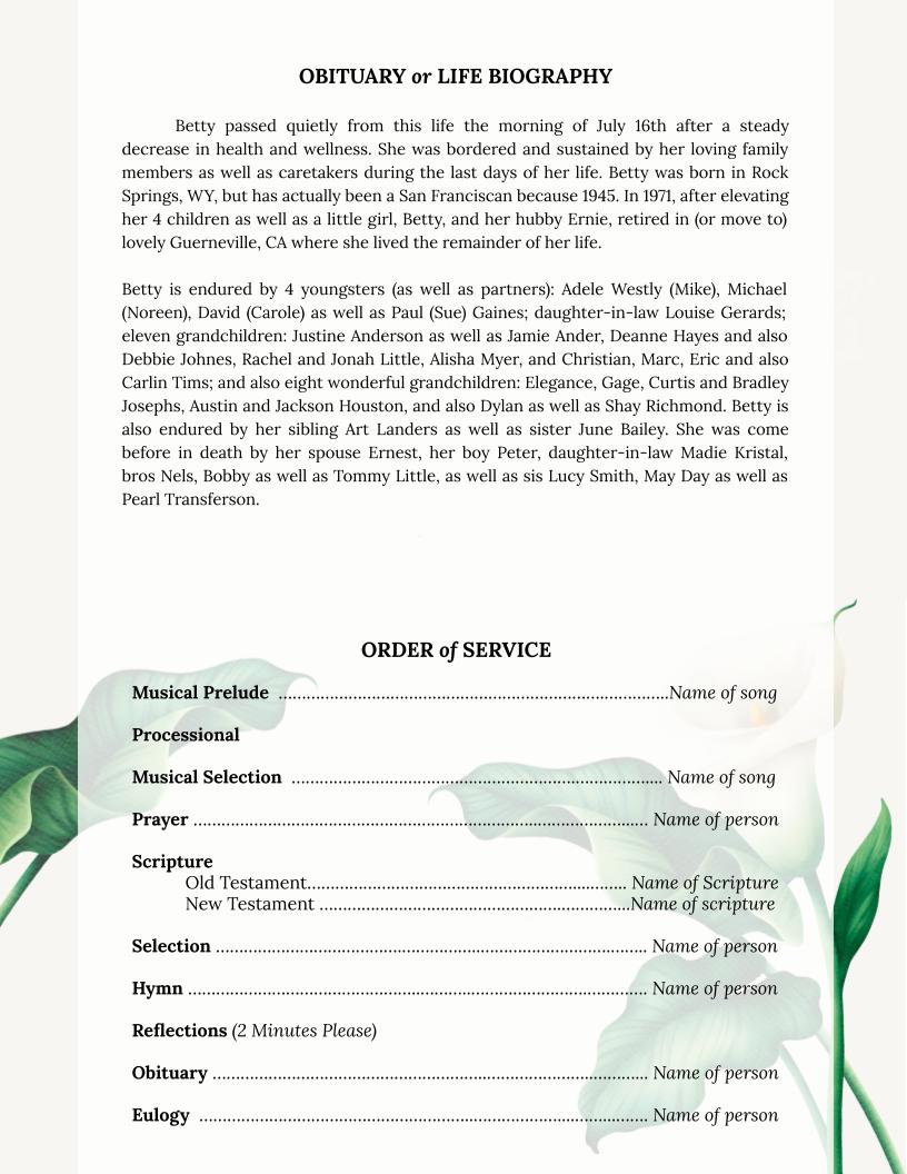 Valley Lily Greeting Card Style Google Docs Funeral Program Template - The Funeral Program Site