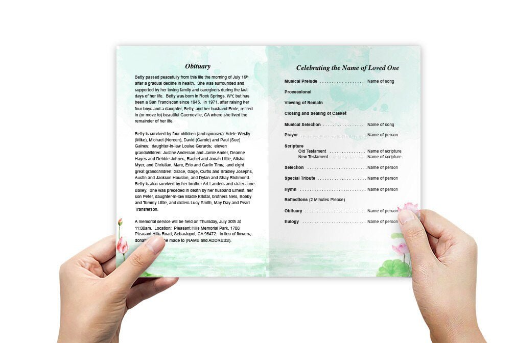 Water Lilies Watercolor Funeral Program Template - The Funeral Program Site