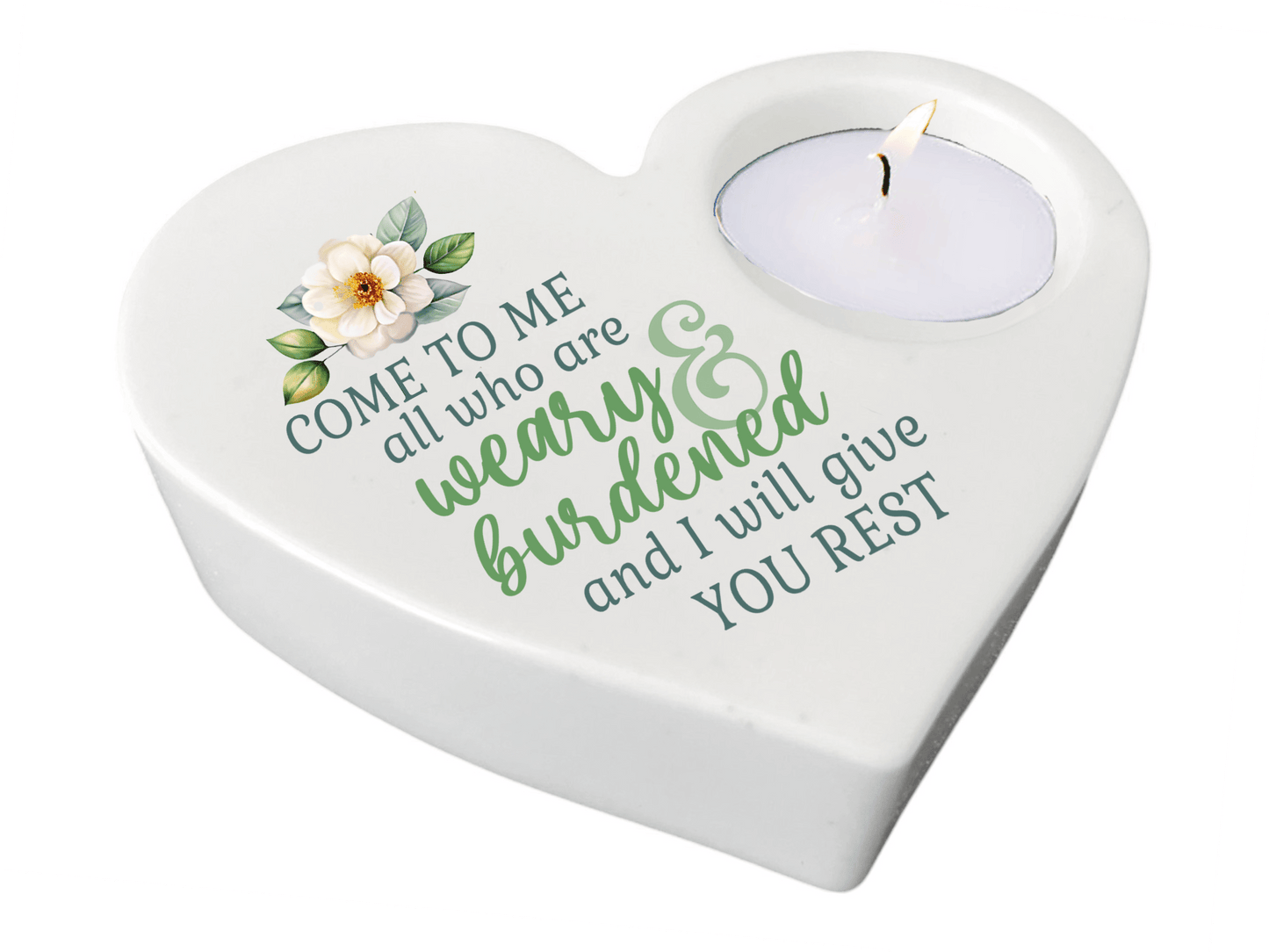 Weary Burdened Bible Verse Heart Tea Light Candle Holder - Celebrate Prints