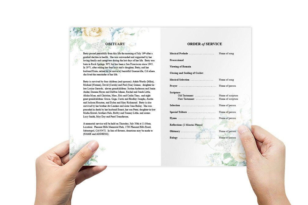 White Blossoms Watercolor Funeral Program Template - The Funeral Program Site