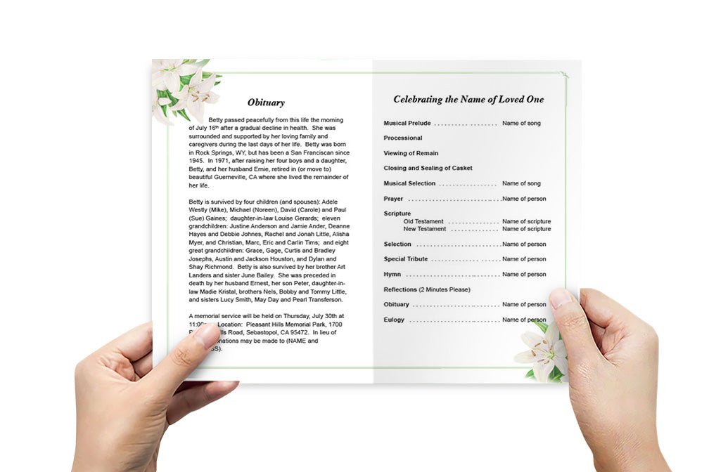 White Lilies Funeral Program Template - The Funeral Program Site