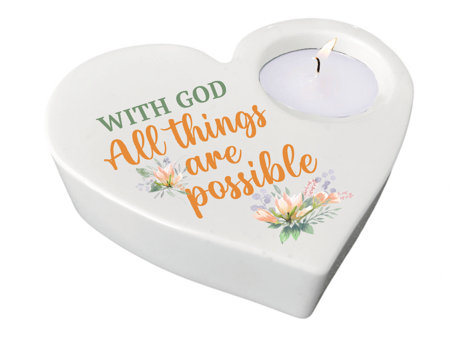 With God Bible Verse Heart Tea Light Candle Holder - Celebrate Prints