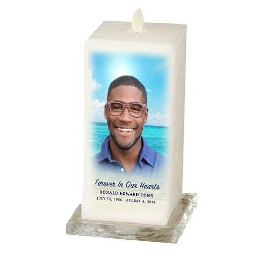 Dancing Wick LED Memorial Candle - Square Pillar Beach