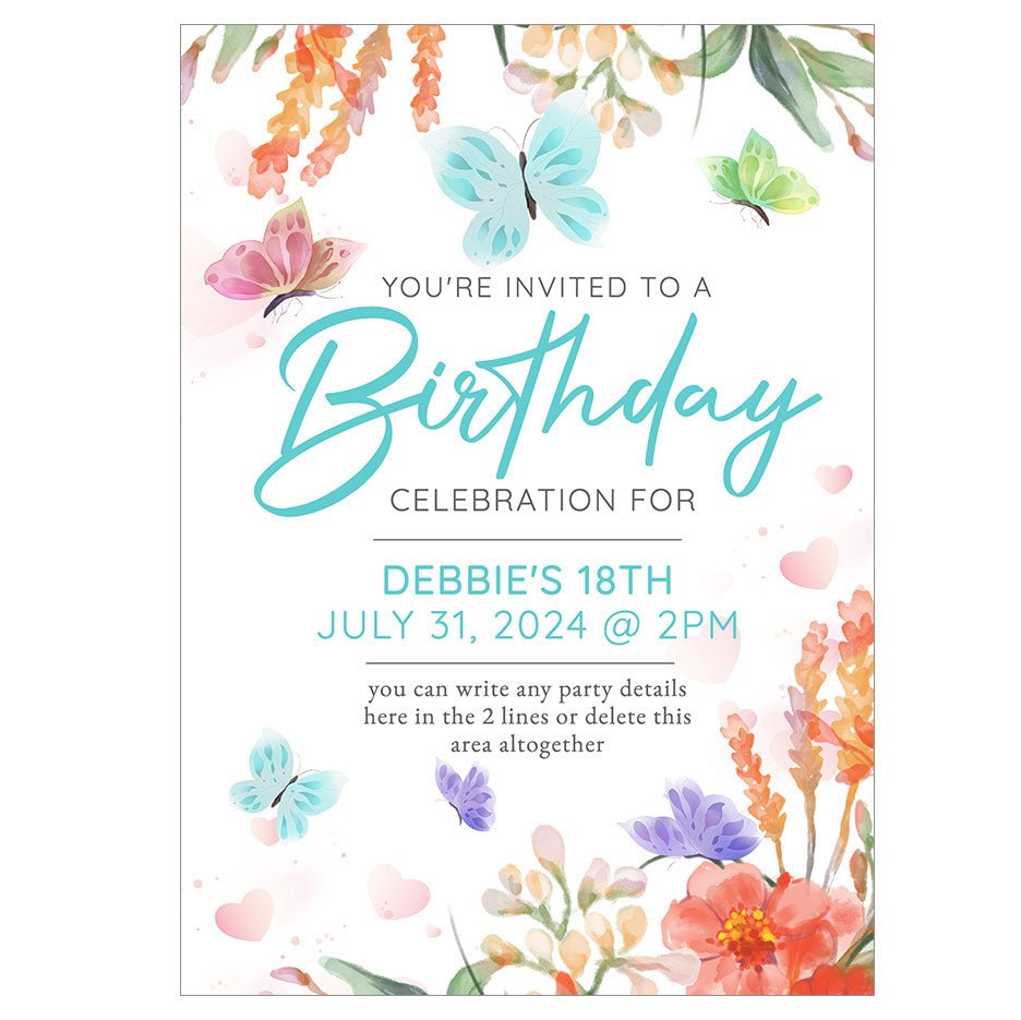 Butterflies Birthday Invitation Template - Celebrate Prints