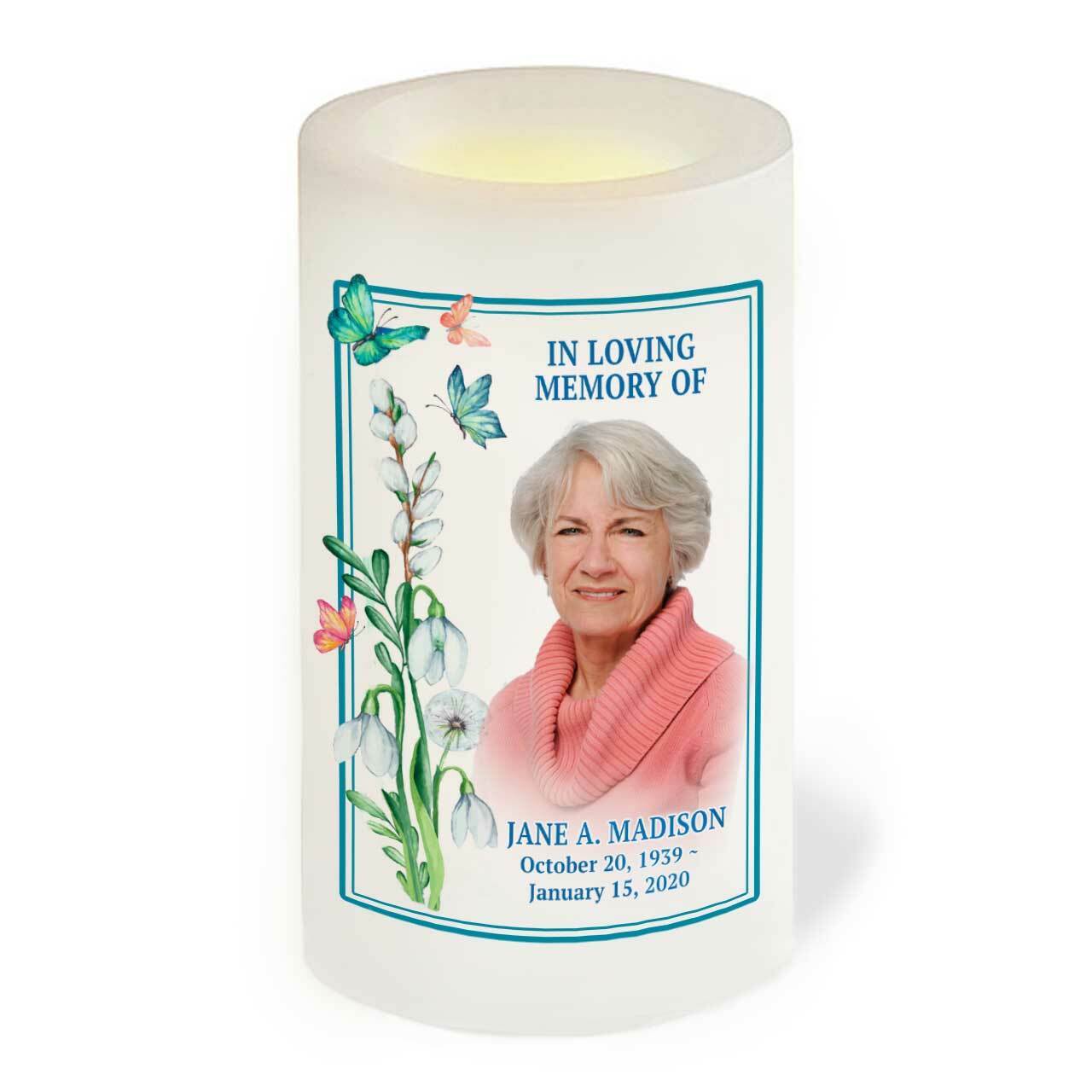 Memorial Candle Butterfly Florals Flameless LED