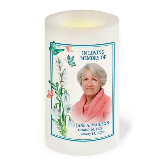Memorial Candle Butterfly Florals Flameless LED
