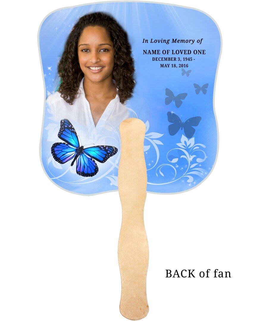 Butterfly Cardstock Memorial Church Fans With Wooden Handle back photo