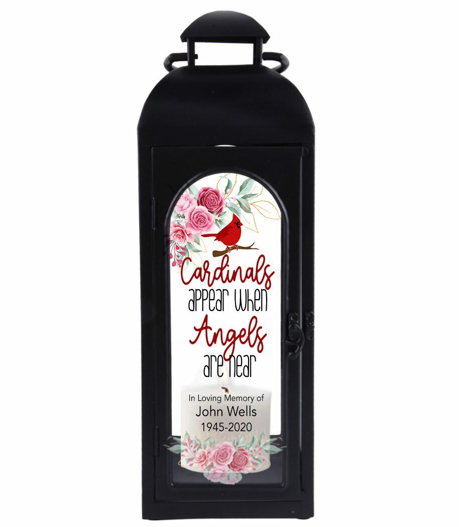 Cardinals Appear Black Memorial Lantern With Wax Candle - Celebrate Prints