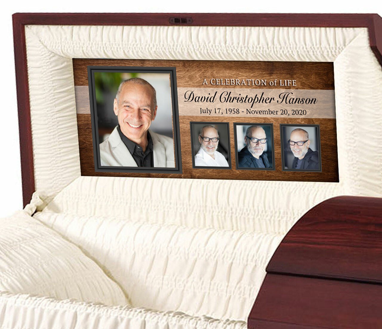 Custom Casket Panel Insert - Walnut Grain 4 Photo Design - Celebrate Prints