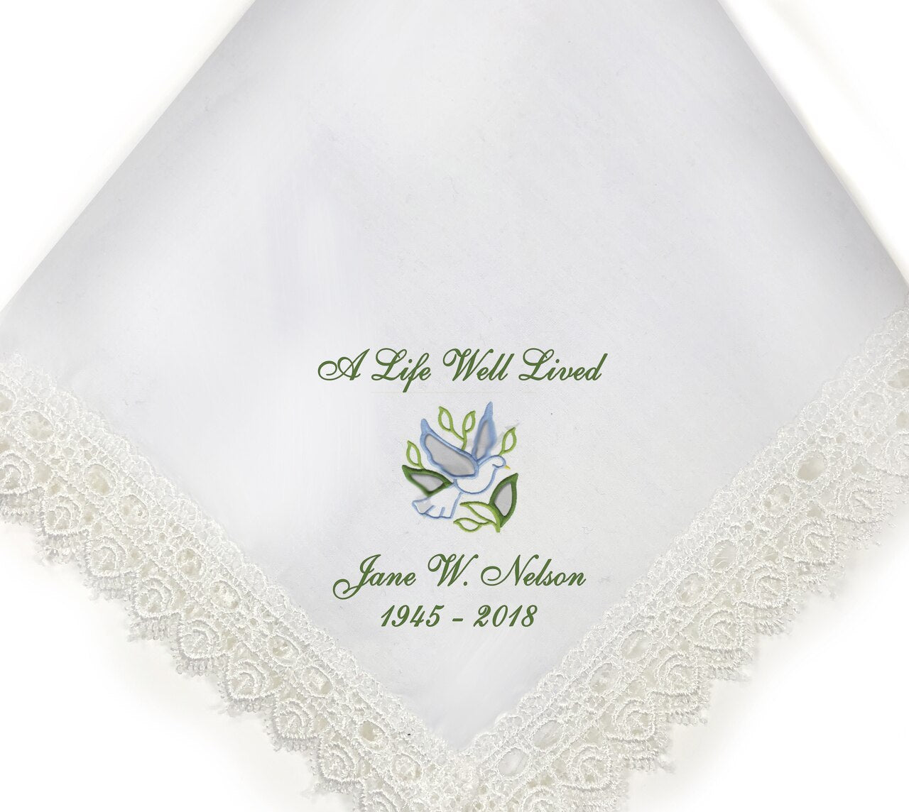 Dove Lace Trimmed Embroidery Memorial Handkerchief - Celebrate Prints