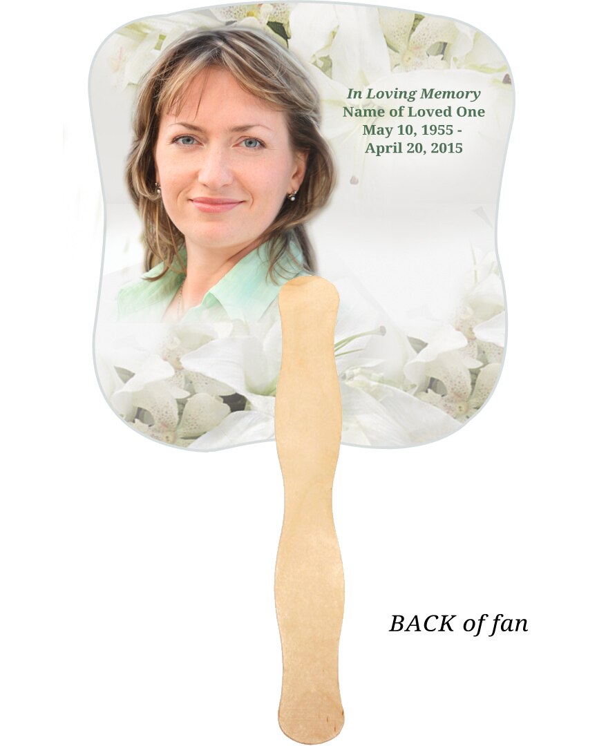 Lily Cardstock Memorial Church Fans With Wooden Handle photo back