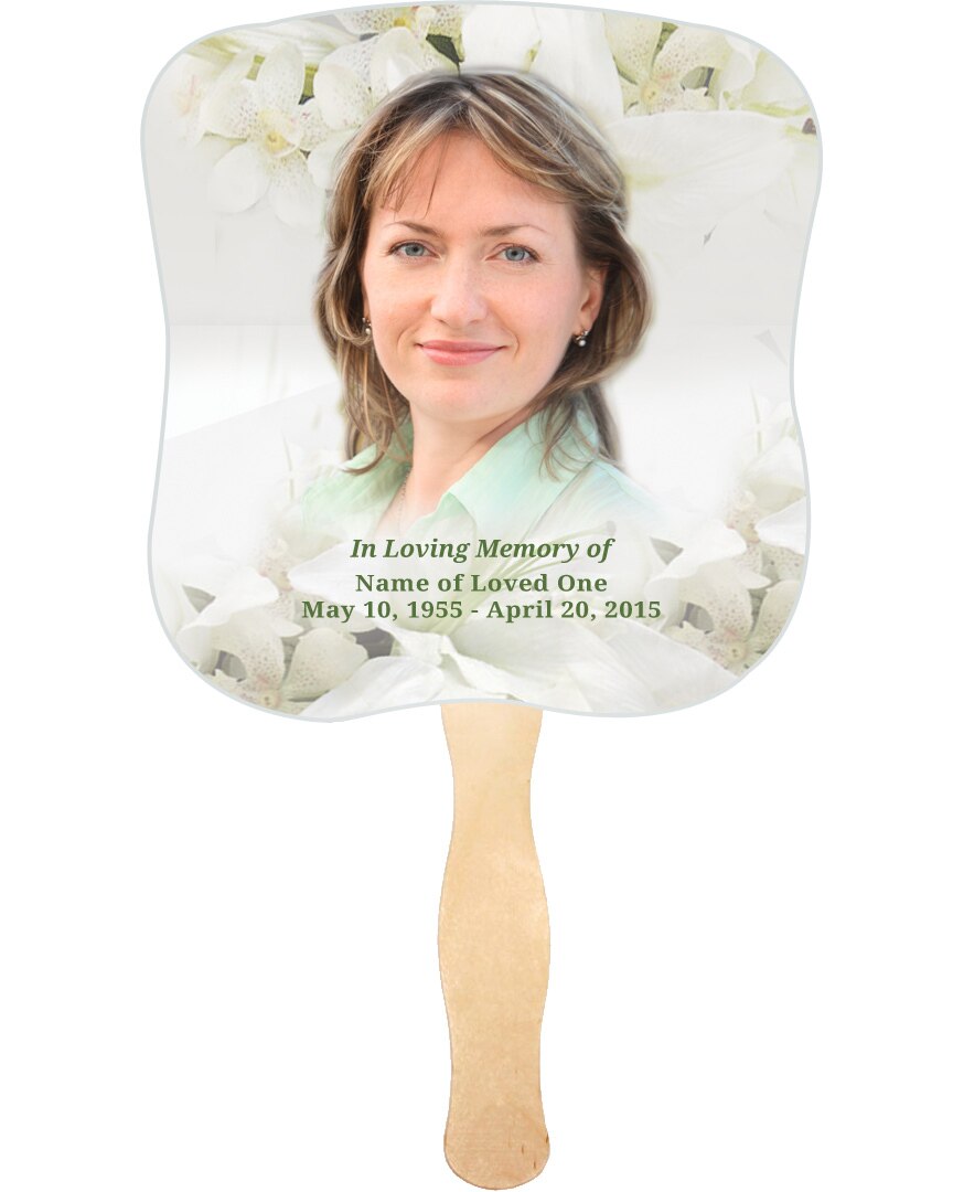 Lily Cardstock Memorial Church Fans With Wooden Handle photo front