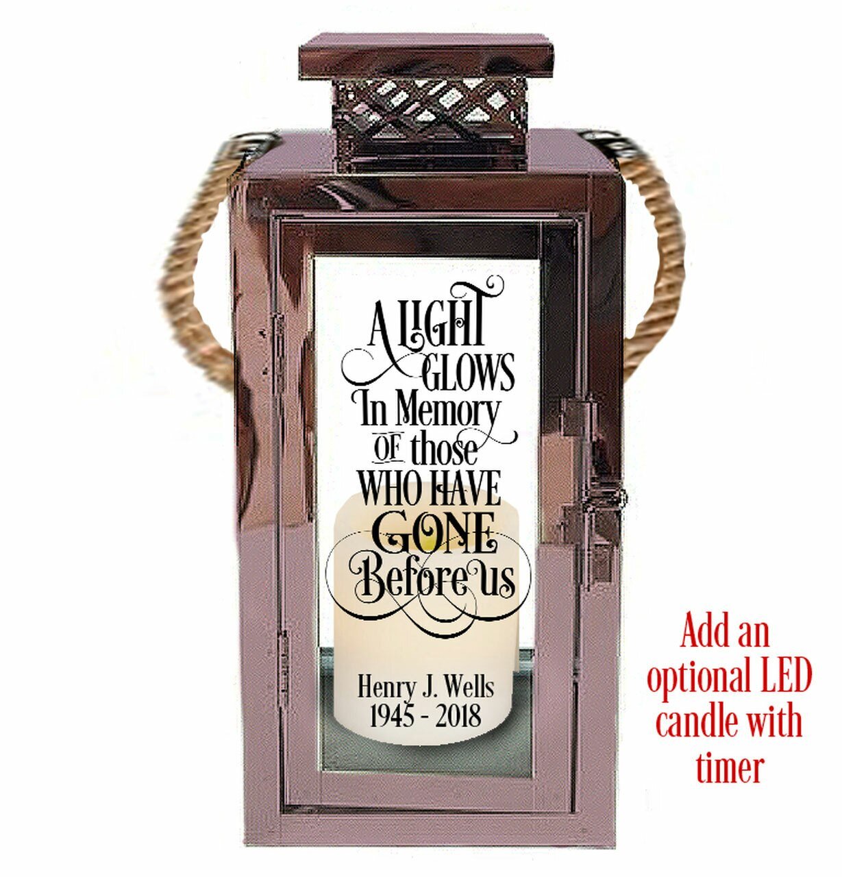 Light Glows Personalized Memorial Rose Gold Memorial Lantern With Rope Handle - Celebrate Prints
