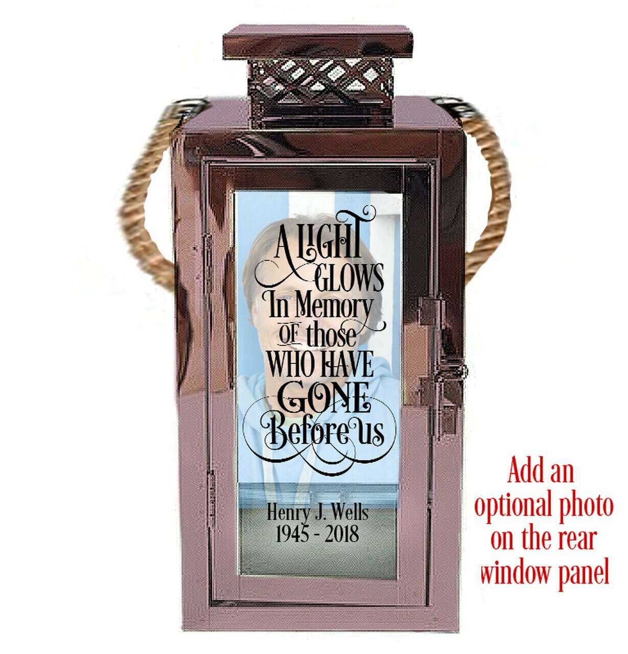 Light Glows Personalized Memorial Rose Gold Memorial Lantern With Rope Handle - Celebrate Prints