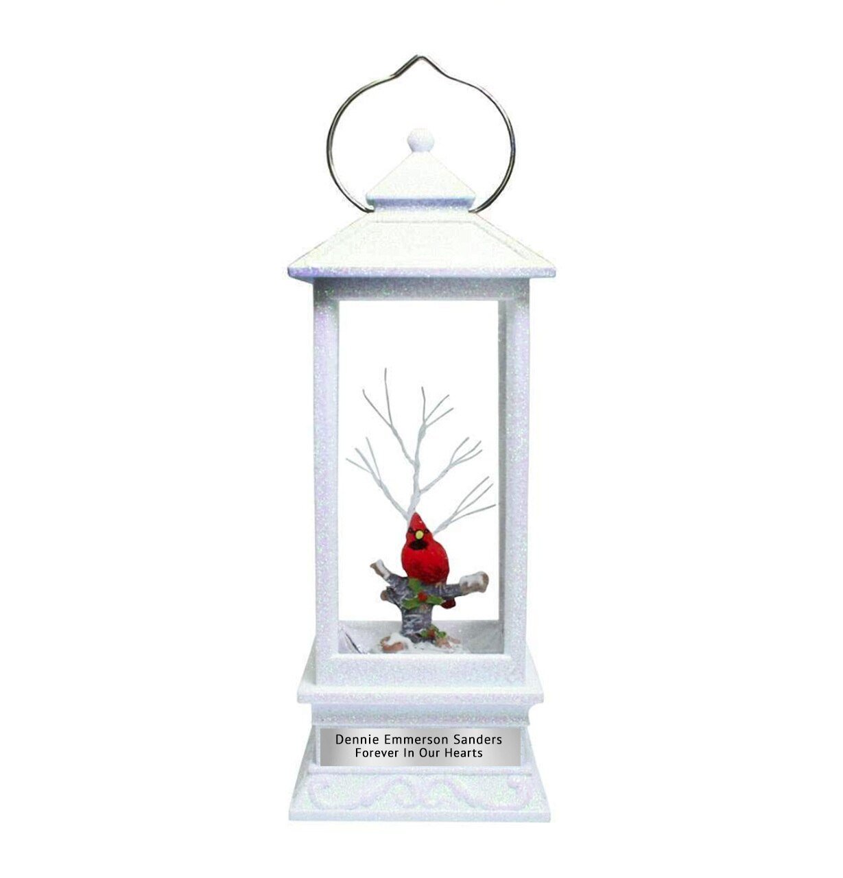 Personalized Memorial Lantern Cardinal with LED Lit Confetti Snow Dome - Celebrate Prints