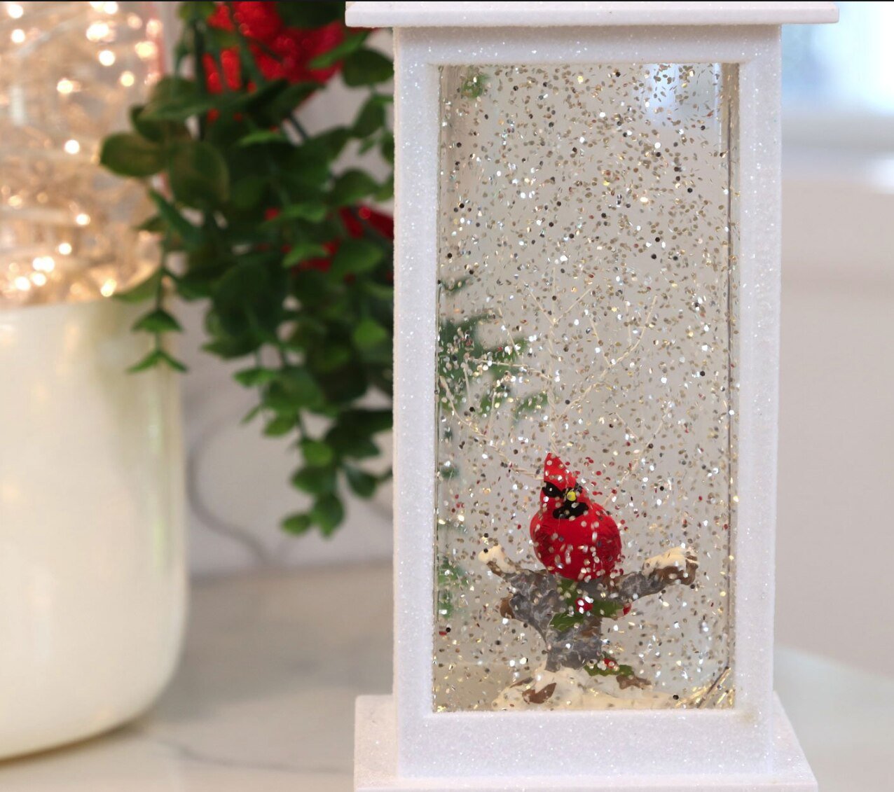 Personalized Memorial Lantern Cardinal with LED Lit Confetti Snow Dome - Celebrate Prints