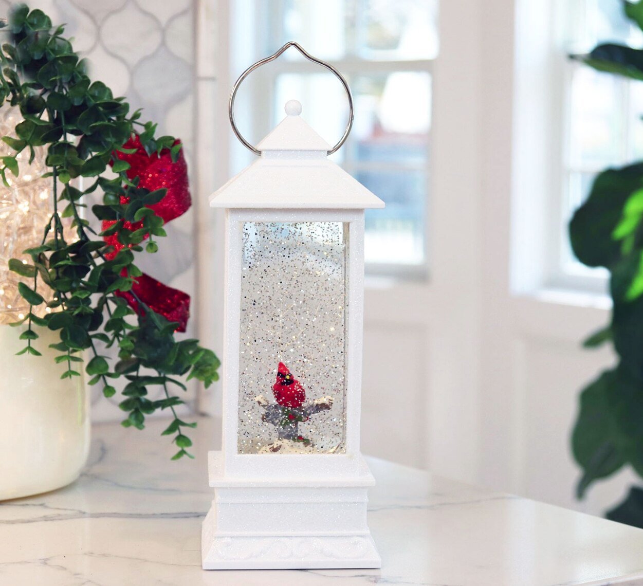 Personalized Memorial Lantern Cardinal with LED Lit Confetti Snow Dome - Celebrate Prints