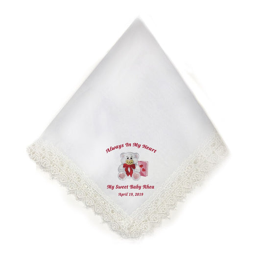 Teddy Lace Trim Embroidered Memorial Handkerchief - Celebrate Prints