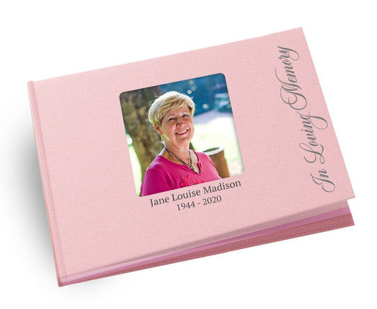 Vertical Script Linen Landscape Funeral Guest Book - Celebrate Prints