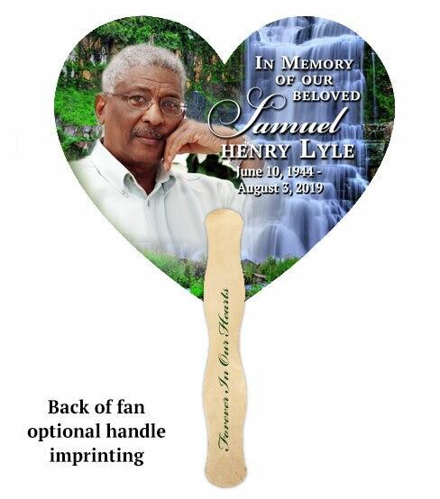 Waterfall Heart Memorial Fan With Wooden Handle (Pack of 10) - Celebrate Prints