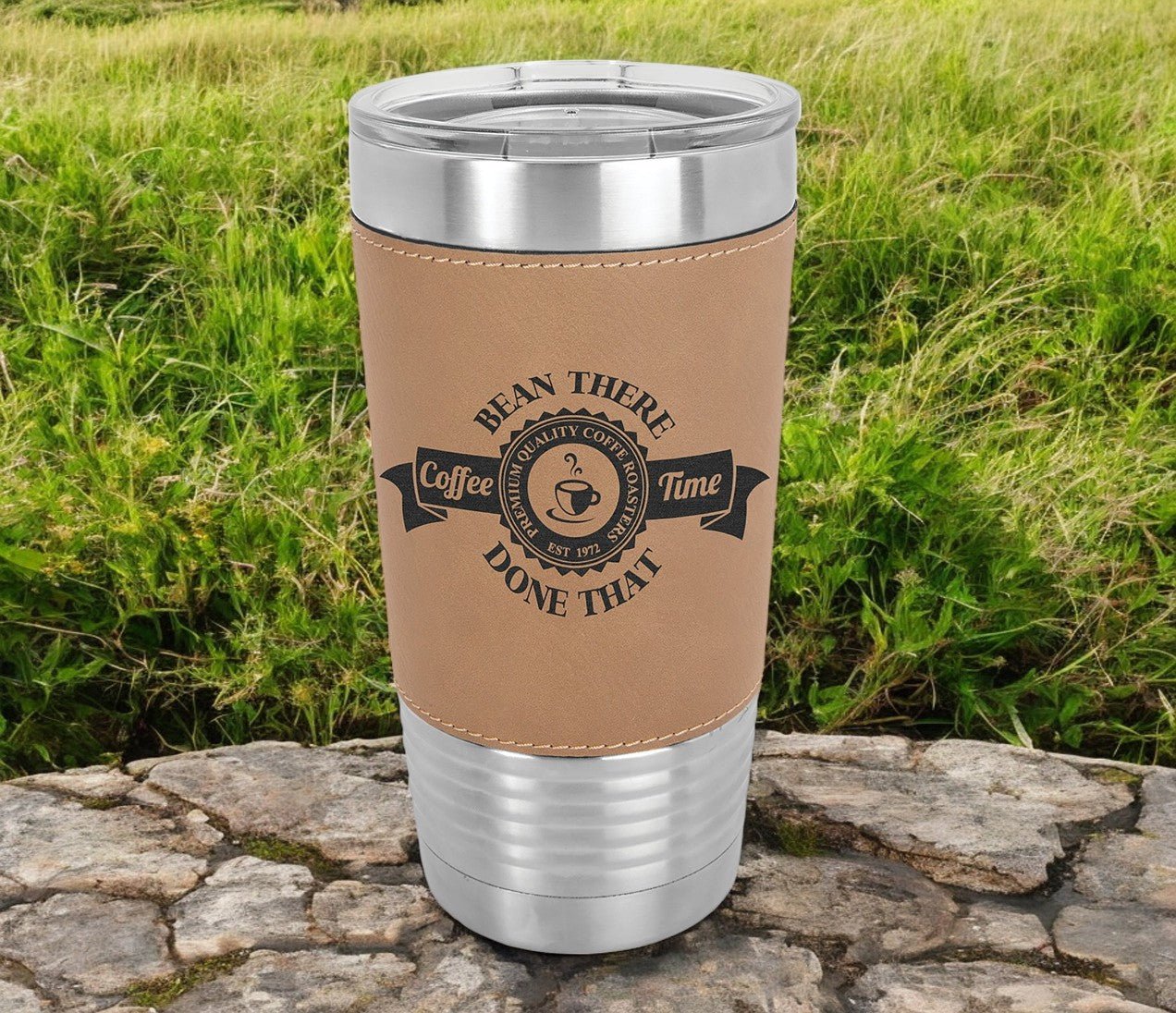 20 oz. Leatherette Insulated Vacuum Tumbler with Clear Lid - Celebrate Prints