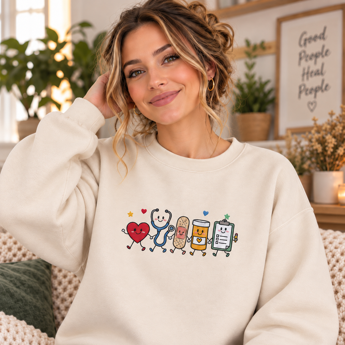 Kawaii Healthcare Friends Embroidered Sweatshirt