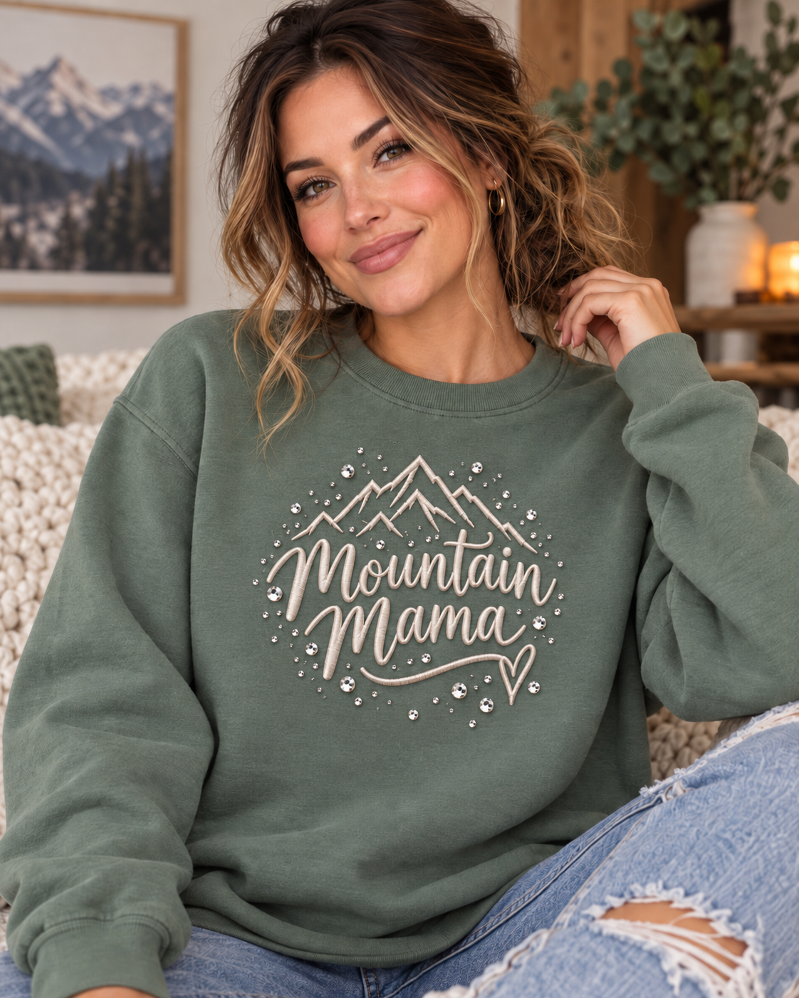Mountain Mama Rhinestone & Embroidered Script Sweatshirt