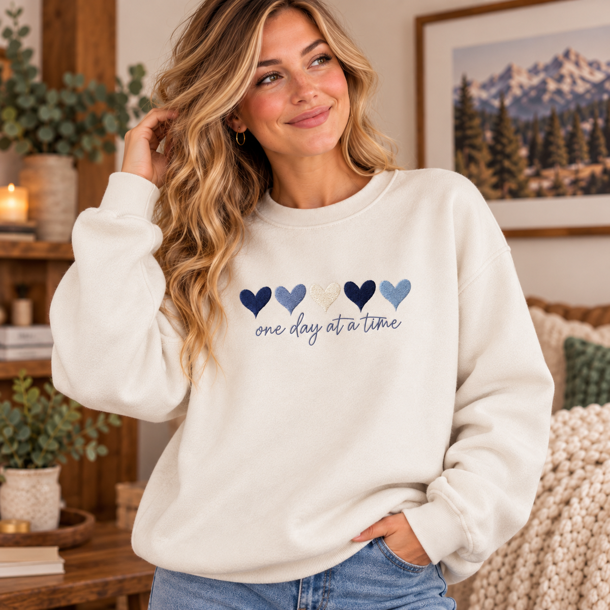 One Day at a Time Hearts Embroidered Sweatshirt
