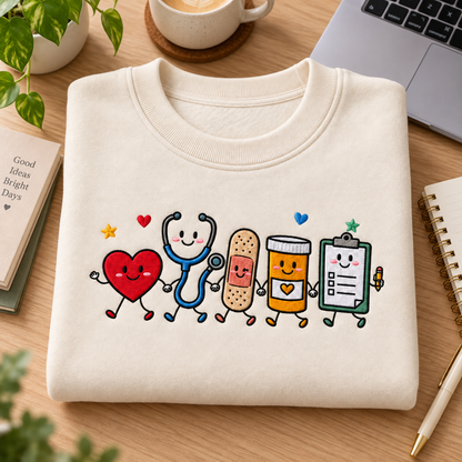 Kawaii Healthcare Friends Embroidered Sweatshirt
