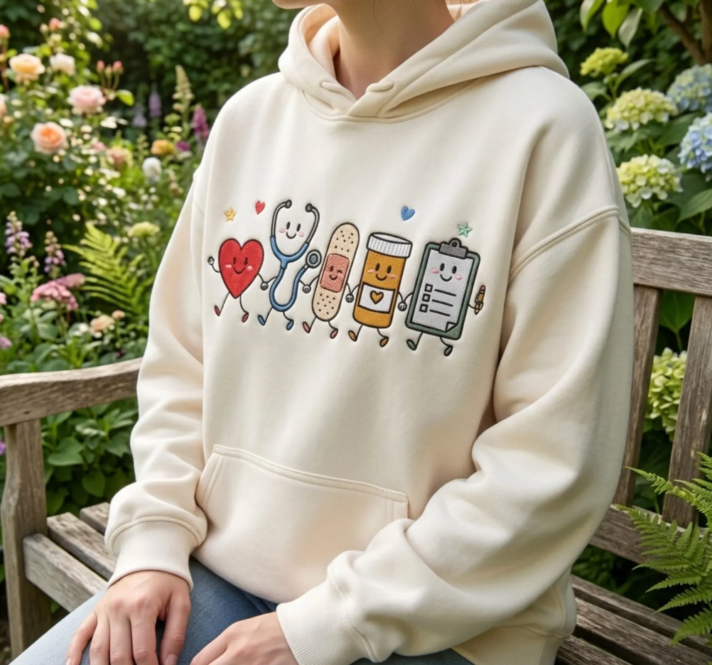 Kawaii Healthcare Friends Embroidered Sweatshirt