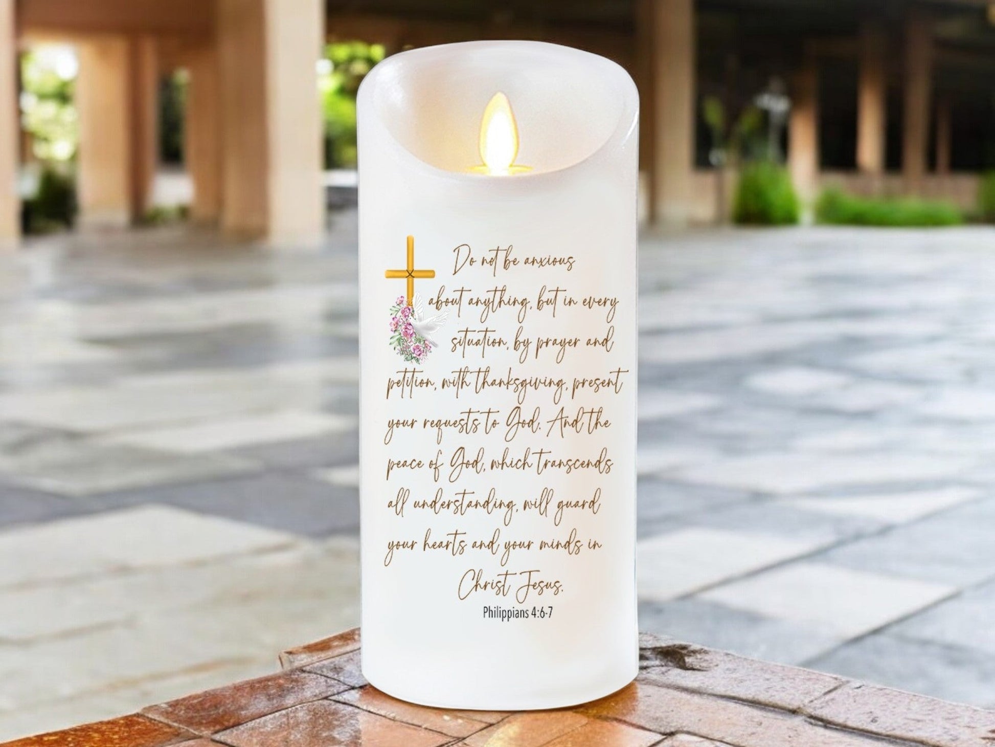 Be Anxious For Nothing Bible Verse Dancing Wick LED Candle - Celebrate Prints