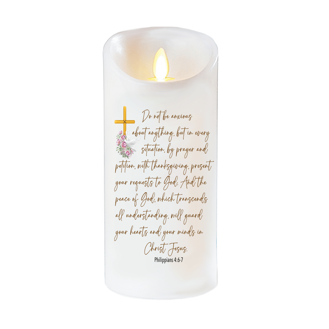 Be Anxious For Nothing Bible Verse Dancing Wick LED Candle - Celebrate Prints