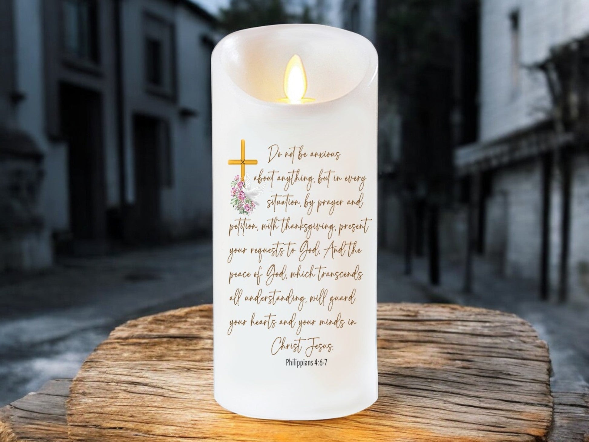 Be Anxious For Nothing Bible Verse Dancing Wick LED Candle - Celebrate Prints