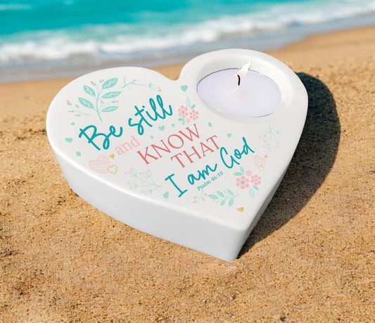 Be Still Bible Verse Heart Tea Light Candle Holder - Celebrate Prints
