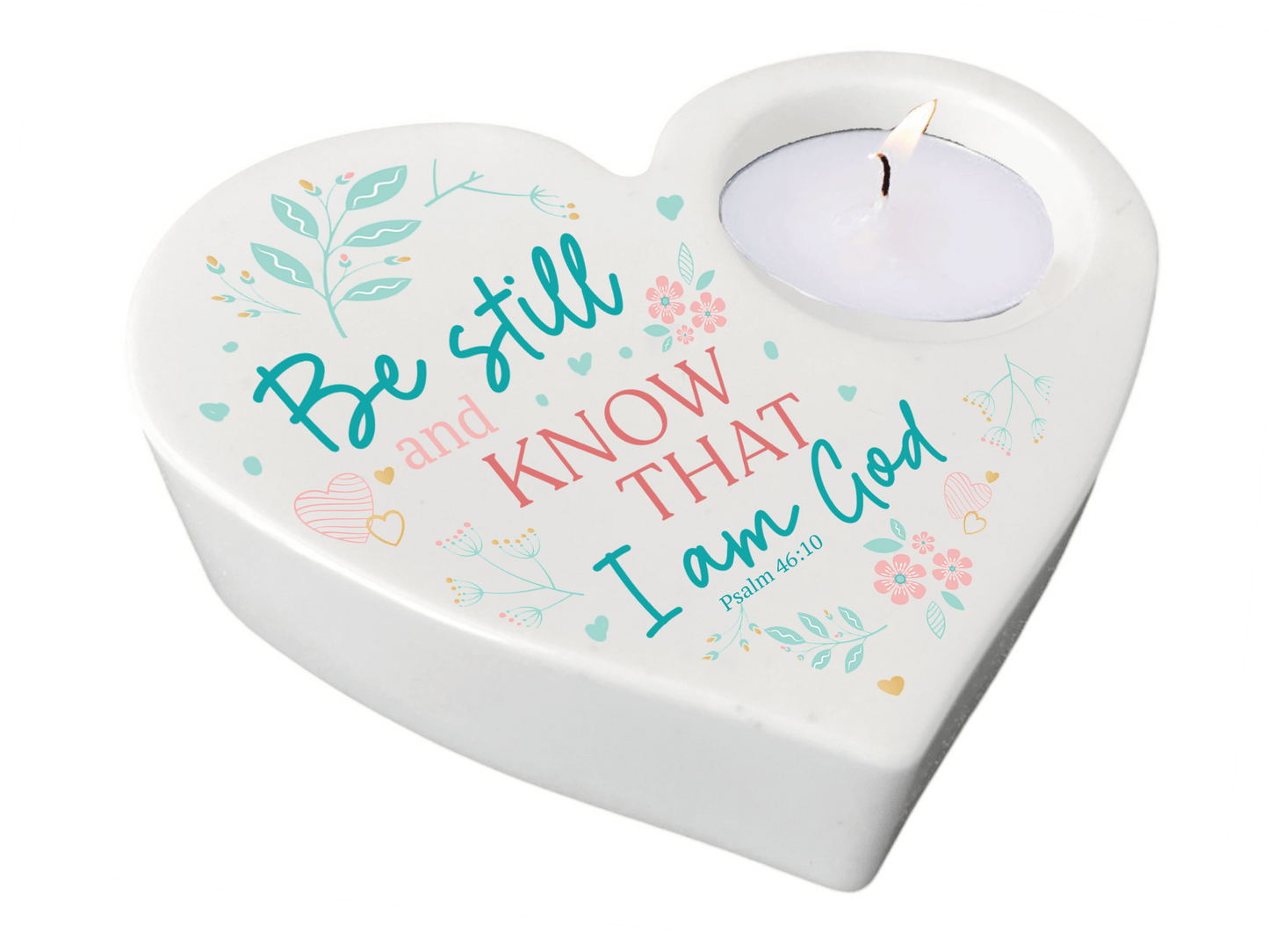 Be Still Bible Verse Heart Tea Light Candle Holder - Celebrate Prints