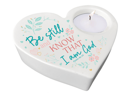 Be Still Bible Verse Heart Tea Light Candle Holder - Celebrate Prints