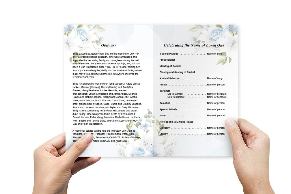 Blue Blossom Watercolor Funeral Program Template - The Funeral Program Site