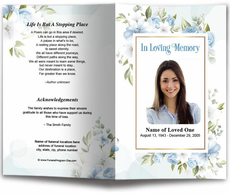 Blue Blossom Watercolor Funeral Program Template - The Funeral Program Site