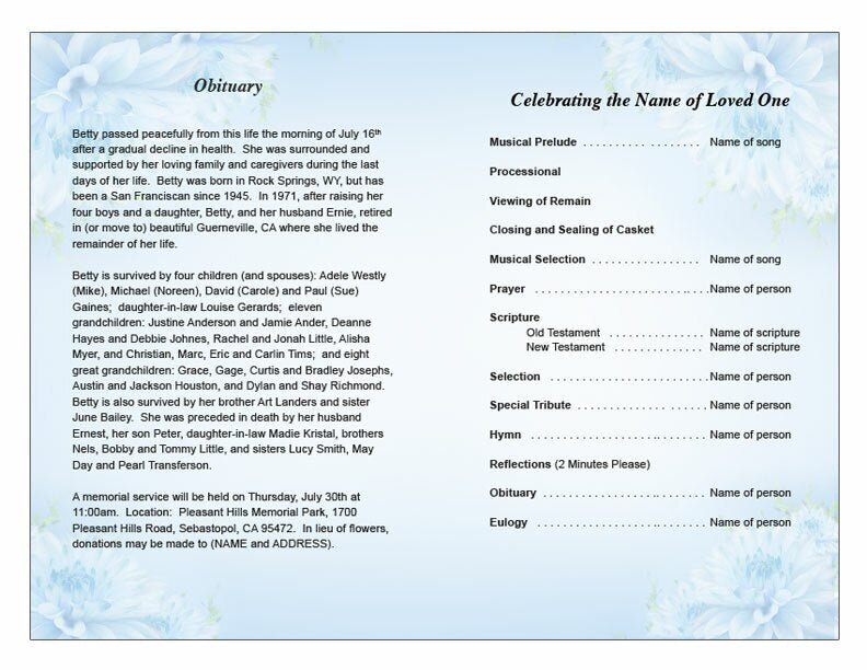 Blue Florals Funeral Program Template - The Funeral Program Site