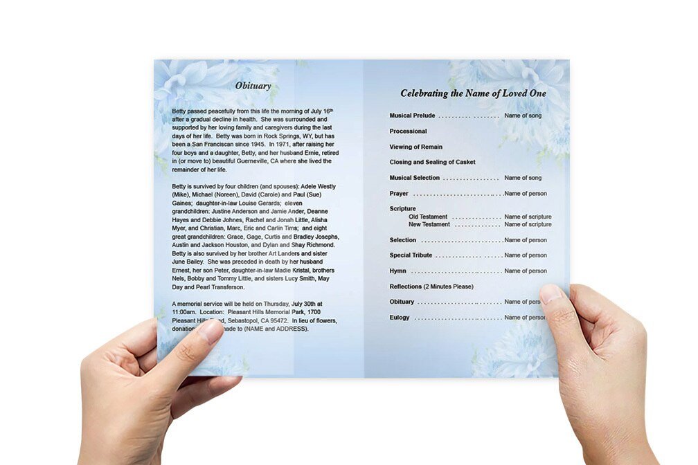 Blue Florals Funeral Program Template - The Funeral Program Site