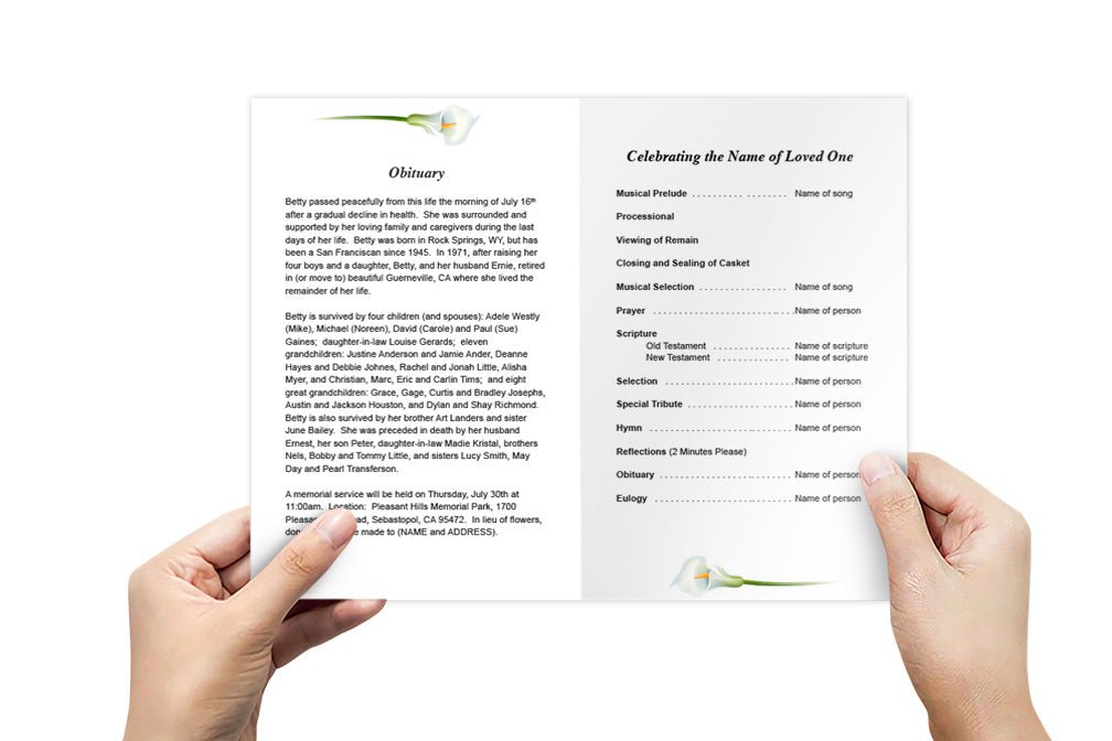 Calle Lily Funeral Program Template - The Funeral Program Site