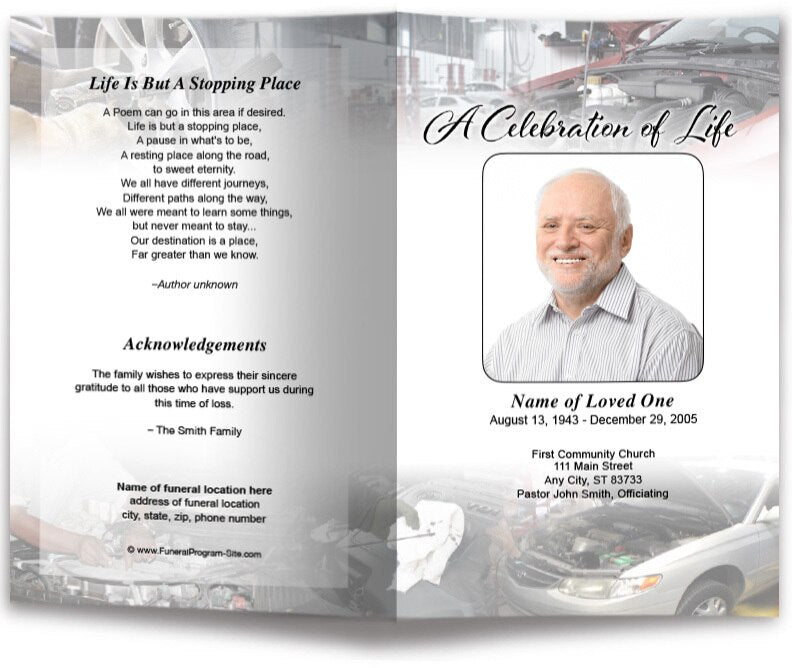 Car Mechanic Funeral Program Template - The Funeral Program Site