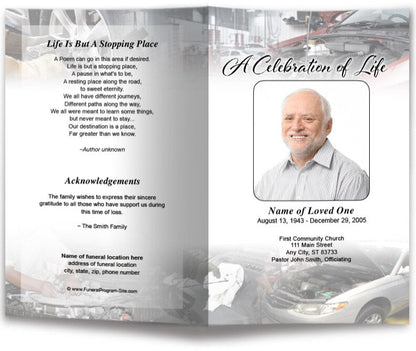 Car Mechanic Funeral Program Template - The Funeral Program Site