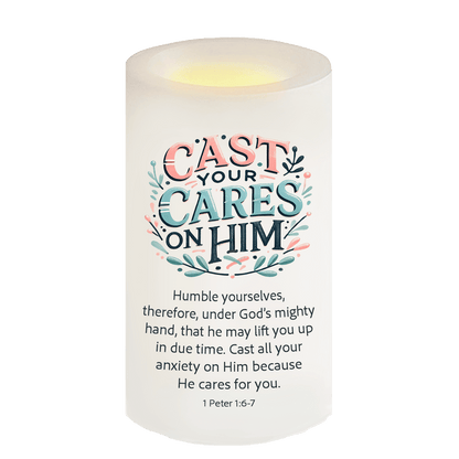 Cast Your Cares Bible Verse Candle - Celebrate Prints